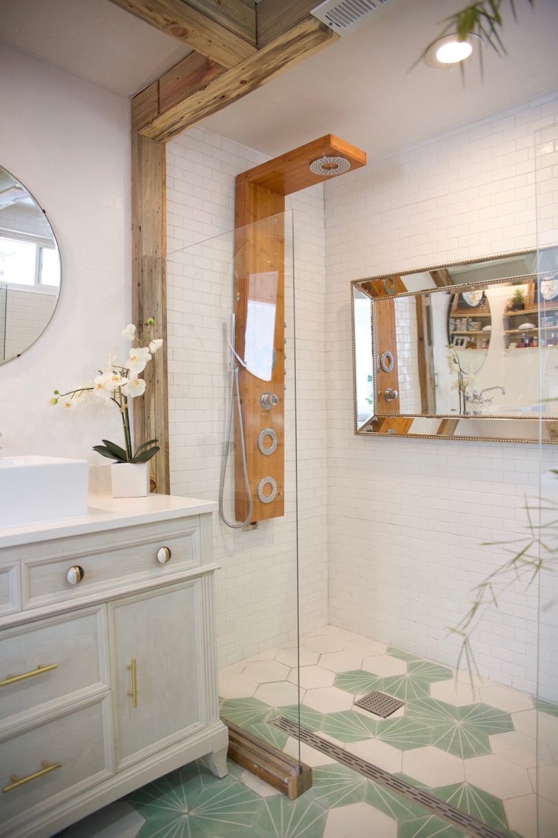 bathroom renovation with thermostatic shower panel and mint tile