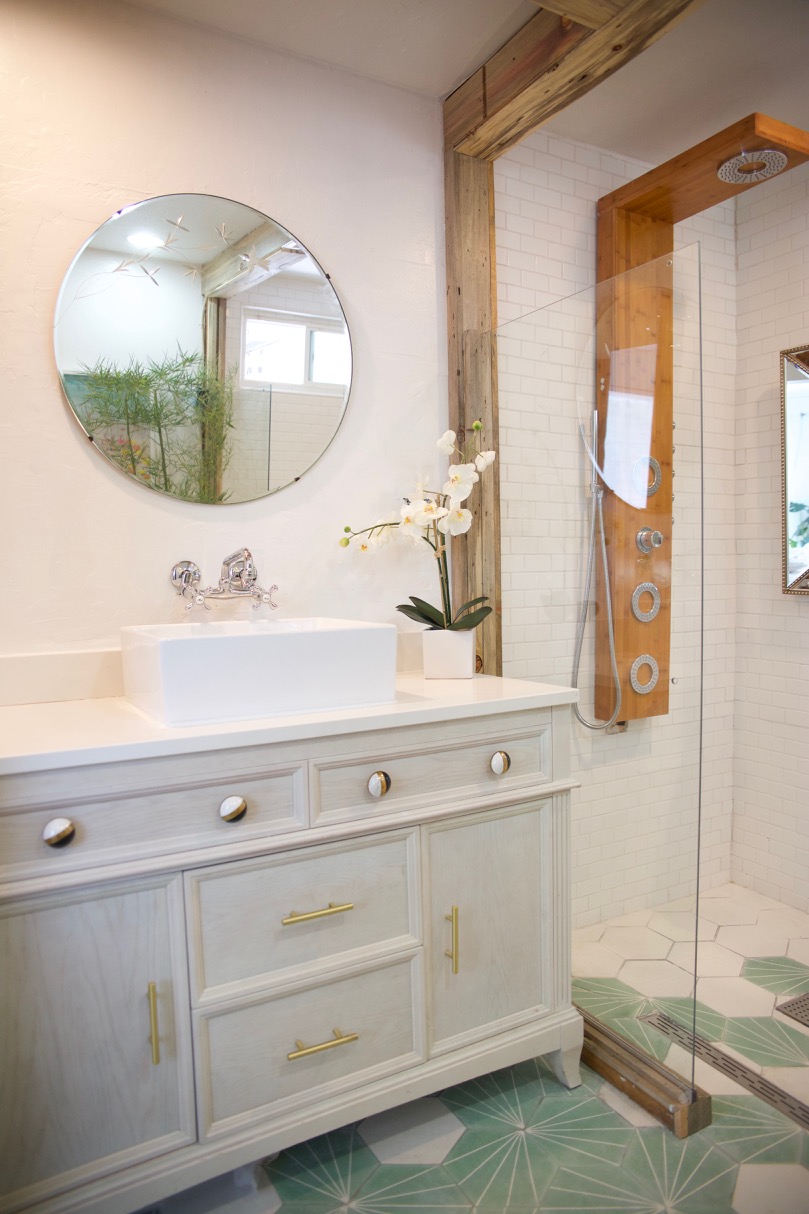 bathroom renovation with thermostatic shower panel and mint tile
