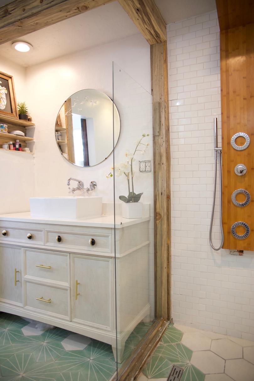 bathroom renovation with thermostatic shower panel and mint tile