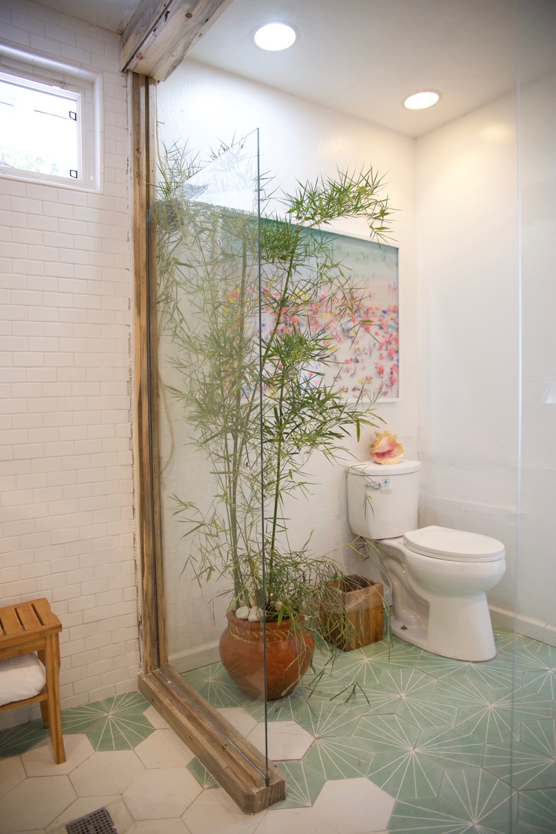 bathroom renovation with thermostatic shower panel and mint tile