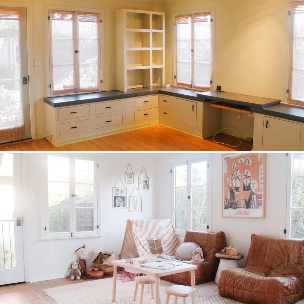 playroom before and after with tent