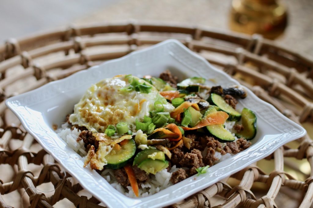 easy Korean beef bibimbap with a fried egg